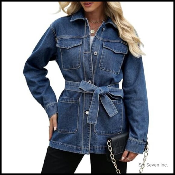 Oversized Denim Jacket Mid Long Classic Trendy With Belt Four Pockets - Picture 2 of 7
